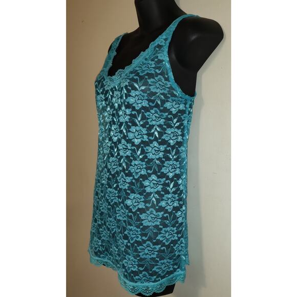 Vintage Y2K Turquoise Lace Tank Top Size 1X Camisole Stretchy Unlined Feminine - Picture 2 of 11
